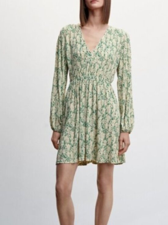 Mango Mini Dress Womens Medium Green Cream New WOT Floral Long Sleeve - Picture 1 of 9